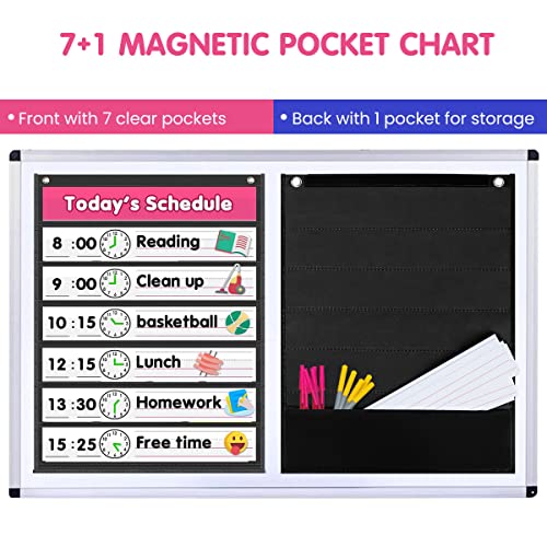 Auchq Magnetic Pocket Chart with 7 Front & 1 Back Pocket, Black Classroom Organizer