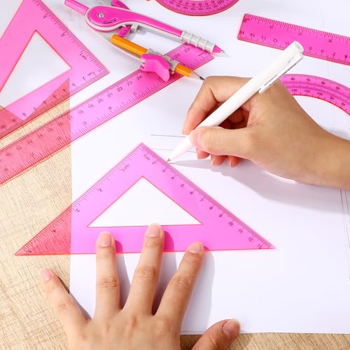 Pink Geometry Math Set with Compass, Rulers, Protractors & Triangles - Zonon 7 pcs