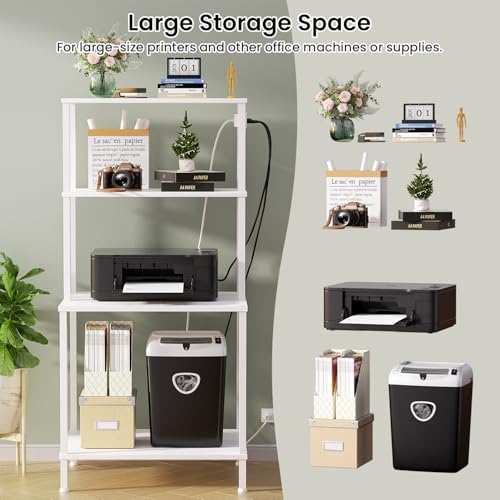 Printer Stand with Charging Station, 49"Tall 4-Tier printer Stand with Storage, Large Printer Table for Home Office, Kitchen, Living Room, PrinterCart Beside Desk for Printer, Scanner (White)