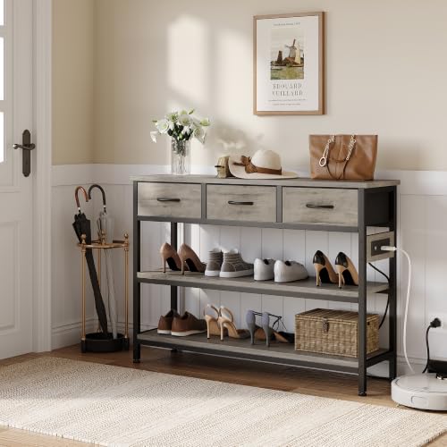 Entryway Console Table with Outlets & 3 Fabric Drawers, 43 in Grey