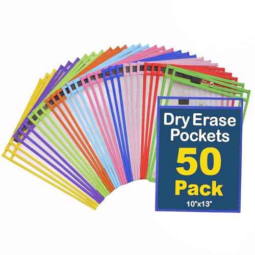 Dry Erase Pockets 50 Pack - 10 x 13 Reusable Dry Erase Pocket Sleeves for Work & School Worksheets - Heavy Duty Clear Pocket Sleeves - Quickly Wipe to a Flawless Clean (Multicolor)