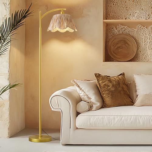 Oneach Brushed Gold Arc Floor Lamp with Rattan Shade, Foot Switch, Farmhouse Style for Living Room & Bedroom