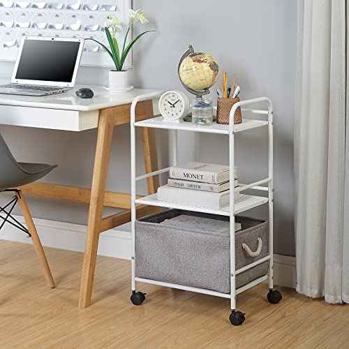 SunnyPoint 3-Tier Rolling Utility Cart ? Metal Storage Organizer with Wheels, Mobile Kitchen Cart, Office & Home Organizer, White, 12" D x 16.92" W x 31.1" H