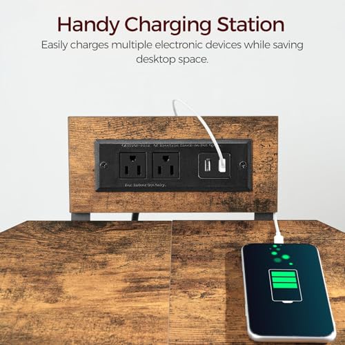 Corner Printer Stand with Charging Station, 3-Tier Large Printer Table with Adjustable Feet, Metal Frame Storage Shelf for Office, Living Room, Small Space, Rustic Brown PTHR14E01
