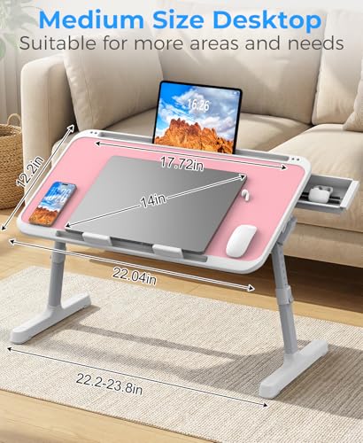 HETTHI Pink Adjustable Laptop Bed Tray Table with Drawer, Portable & Foldable