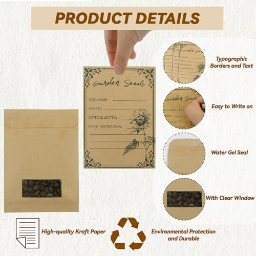 Seed Saving Envelopes 100 Pack with Clear Window, 4.72 x 3.15 Inch Kraft Storage Bags