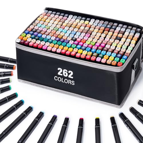 262 Colors Alcohol Markers - Dual Tip Permanent Art Markers Set for Coloring Drawing Painting, Fine and Chisel Tip Alcohol Based Pens with Carrying Case for Adult Artists