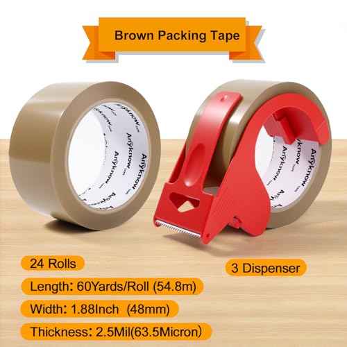 Brown Packing Tape 24 Rolls Heavy Duty Packing Tape with 3 Dispenser - 2.5mil x 1.88" x 60Y Strong Adhesive Packaging Tape for Carton Sealing, Shipping, Mailing & Storage