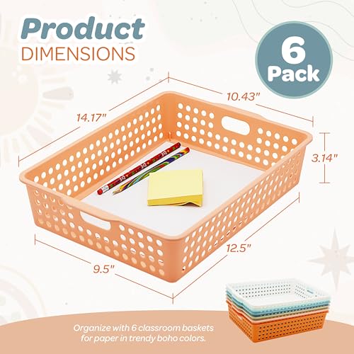 Classroom Paper Baskets Set of 6 - Boho Color Plastic Organizer Trays for Teachers & Students