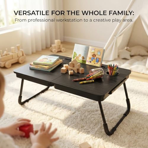 BUYIFY Black Foldable Lap Desk Bed Table with Cup Holder & Tablet Slot