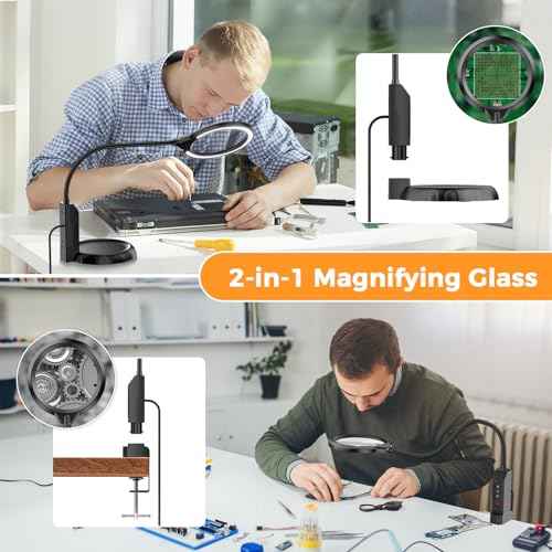 Magnifying Glass with Light and Stand, 15X & 8X Magnifying Lamp with Clamp, 5 Color Lighting Modes Stepless Dimmable LED Desk Lamp Hands Free for Crafts Hobby Reading Painting Sewing Close Work
