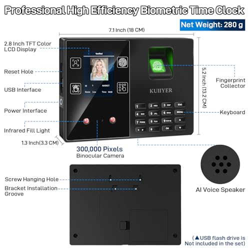 KUIIYER 4 in 1 Employee Time Clocks for Small Business (Face + Fingerprint + Palm Print + PIN) Employee Clock in & Out Machine Attendance Punch Clock
