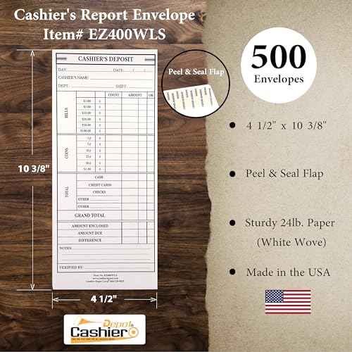 500 Cashier Depot - Cashier's Deposit Report Envelope, 4 1/2" x 10 3/8", Sturdy 24lb. Paper, Peel & Seal Closure, Cash Envelopes For Hotels, Restaurants, Gas Stations & Retailers, 500 Count