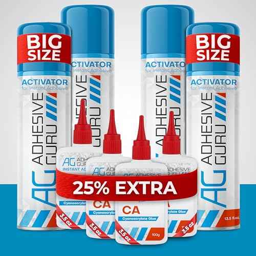 Adhesive Guru CA Glue with Activator for Woodworking (4 x 3.5 oz - 4 x 13.5 fl oz) Cyanoacrylate Glue for Metal, Plastic, Rubber, DIY, Crafts, Fast Bond Repairs (4 Pack)