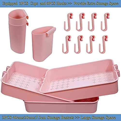 3 Tier Utility Rolling Cart Multifunction Organizer Shelf Storage Cart with 3 Pieces Cups and 8 Pieces Hooks for Home Kitchen Bathroom Laundry Room Office Store etc. (Pink)