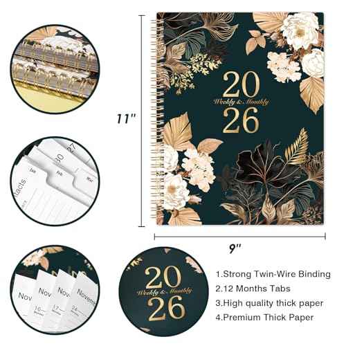 2026 Planner - 9" x 11", 2026 Weekly & Monthly Planner, JAN.2026 - DEC.2026, Large Calendar Planner 2026 with Sturdy Cover, Premium Paper, Twin-wire Binding, Monthly Tabs