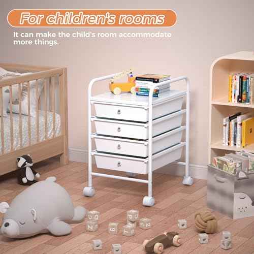 4 Tier Utility Rolling Cart with 4 Drawers Multipurpose Rolling Storage Cart with Wheels and Handles for Office Classroom Kitchen Bathroom Bedroom Organization White