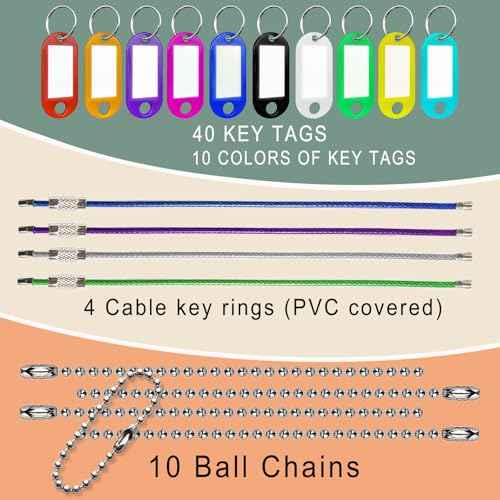 Key Tag Set (40 Plastic Key Labels with 10 Ball Chains & 4 Cable Key Rings) - Versatile for USB Drives, Luggage, Home/Office Key Organization
