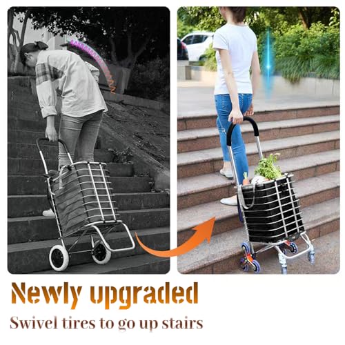 Folding Shopping Cart with Wheels 360 Degree Rolling Swivel Grocery Cart with Removable Oxford Cloth Liner Climber Cart for Groceries Luggage Laundry,Trolley for Stair, Laundry, Travel