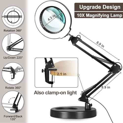10X Magnifying Glass with Light and Stand, 5 Color Modes Stepless Dimmable 2-in-1 Desk Lamp with Clamp, Hands Free LED Lighted Magnifier with Light for Craft Hobby Painting Reading Repair Close Works