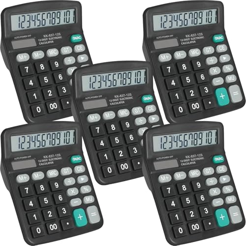 YesBes 5 Pack Solar & Battery Dual Power 12-Digit Desktop Calculators with Large LCD Display