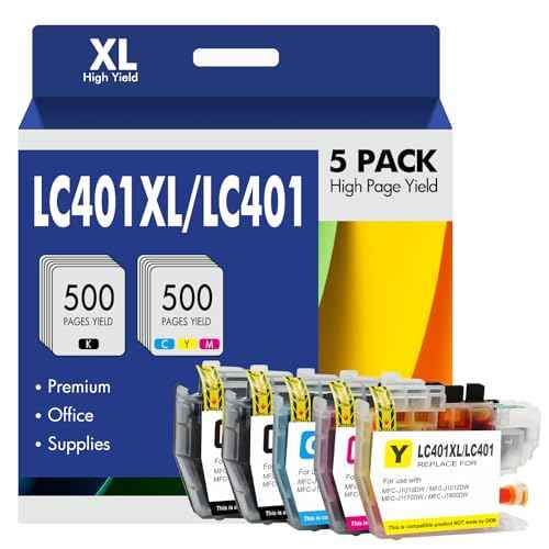 LC401XL LC401 MFC-J1010DW Ink Cartridges for Brother Printer LC401 XL Ink Cartridges Compatible for Brother MFC-J1010DW MFC-J1170DW MFC-J1012DW MFC-J1800DW - 5 Pack 2 Black Cyan Magenta Yellow
