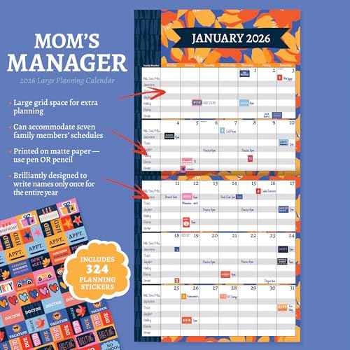 TF Publishing 2026 Mom's Manager Wall Calendar - Large Grids for Appointments and Scheduling - Vertical Monthly Wall Calendar 2026 with Premium Matte Paper for Home and Office Organization - 12x12in