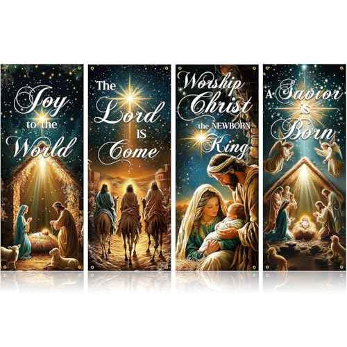 4 Pcs Church Banners with Scripture for Sanctuary Wall, Christian Praise Worship Bible Signs for Religious Festivals, Church Event, Communal Prayers, Back to School(Nativity)