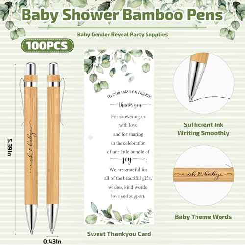 Yeaqee 100 Sets Woodland Safari Baby Shower Gifts for Guest Greenery Woodland Baby Shower Favors Retractable Pens Bamboo Pens Gender Reveal Greeting Cards Souvenirs Prizes