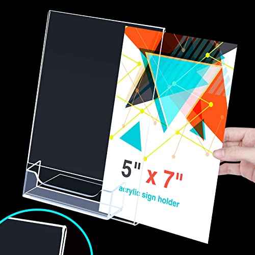 Crtiin 6 Pcs 5 x 7 Inch Acrylic Slanted Sign Holder with Business Card Holders Clear Display Stand Flyer Stand with Gift Card Holder for Office Table Advertisement Brochure