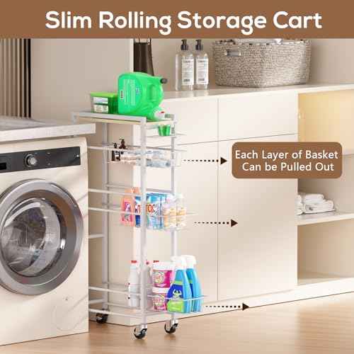 4 Tier Slim Rolling Storage Cart with Pull-Out Baskets, Narrow Sliding Storage Slim Laundry Cart Slim Rolling Kitchen Cart