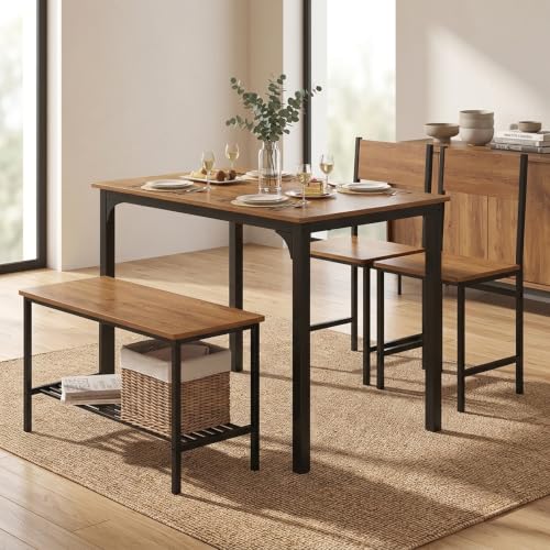NAFORT Brown 4-Piece Industrial Dining Set with Bench – 43.5''L x 27.5''W, Rustic Wood & Black Metal