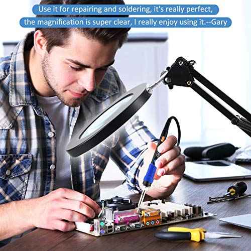 LANCOSC 5X Magnifying Glass with Light and Stand, 3 Color Modes Stepless Dimmable, 8-Diopter Glass Lens, Adjustable Swivel Arm, LED Magnifier Desk Lamp for Close Work, Repair, Crafts, Reading - Black
