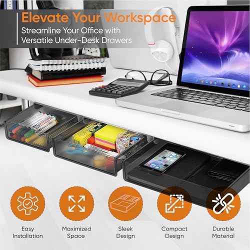 3 Pack Large & Medium & Small Under Desk Drawer Organizer, Pull Out Drawer for Office, Under Desk Storage Drawers, Under Cabinet Drawers Slide Out (Clear Black)