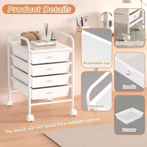 4 Tier Utility Rolling Cart with 4 Drawers Multipurpose Rolling Storage Cart with Wheels and Handles for Office Classroom Kitchen Bathroom Bedroom Organization White