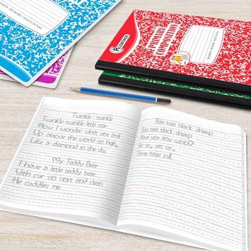 Rosmonde Composition Notebooks Primary Ruled 5 Pack, 200 Pages (100 Sheets), Color Marble Composition Notebook, Sewn Binding Hard Cover, Primary Composition Notebook for Kids, Writing Dotted Lined