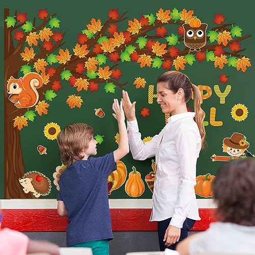 Fall Tree Bulletin Board Decorations for Classroom,Fall Autumn Thanksgiving Classroom Decorations with Big Tree Pumpkin Maple Leaf Turkey Scarecrow Cutout for School Home Chalkboard Wall Decor 136PCS