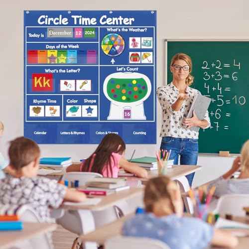 Circle Time Learning Center Classroom Pocket Chart Preschool, Educational Pocket Chart Teaching Materials, Learning Calendar Weather Counting Letter Color Shape (circle time learning center)