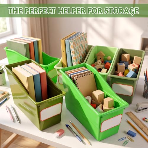 12-Pack Plastic Book Bins with Labels for Classroom & Office Storage