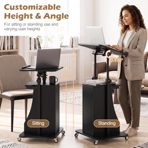 Tangkula Mobile Lectern Podium with Tilt-Top Laptop Cart, Black 20 x 16 x 44
