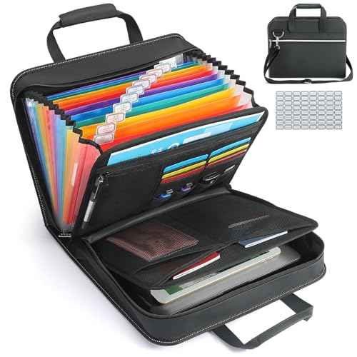 SEEKIND PU Leather Accordion File Organizer with Handle & Strap£¬12 Pockets Expanding File Folder with Zipper & Labels£¬Portable Document Organizer File for Letter A4 Files