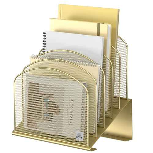 Inclined Desk File Organizer, 5-Section Vertical File Folder Holder Stand Metal Rack File Sorter for Office Classroom Desktop Organization (Gold, 1Pack)