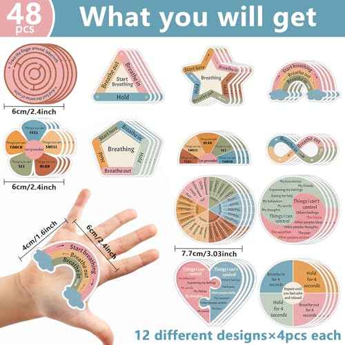 ZOiiWA 48 Pcs Breath Calm Anxiety Sensory Stickers Reusable Mindfulness Sticker Fidget Silent Adhesive Sensory Strips for Christmas School Office Classroom Adults Teens Kids Classroom Anxiety Relief