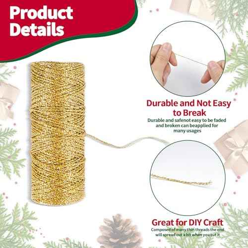 Gold Metallic Bakers String, 110 Yards/328 Feet, 1mm Diameter, Glitter Twine for Crafts, DIY, Christmas Decor, Presents