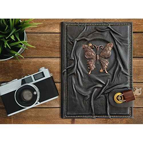 Fairy Butterfly Figured Locked Genuine Leather Notebook Diary, Handmade Journal With Lock, Secured Lockable Real Padlock, 9x6.7 Inches, College Poetry Sketch Book, Birthday, Anniversaries.