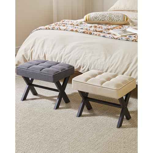 IBUYKE Small 12" H Footrest Stool, Square Linen Foot Stool with Metal X-Leg, Multi-Use as Small Side Table, Step Stool for Living Room, Bedroom, Entryway, Office, Linen WBD011Y