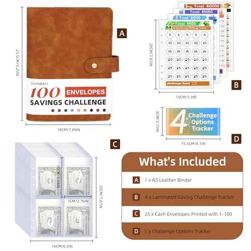 100 Envelopes Money Saving Challenge Binder, A5 Budget Binder with Envelopes and Challenge Tracker, Savings Challenges Planner Book to Save $500, $1000, $5050, $10000 (Brown)