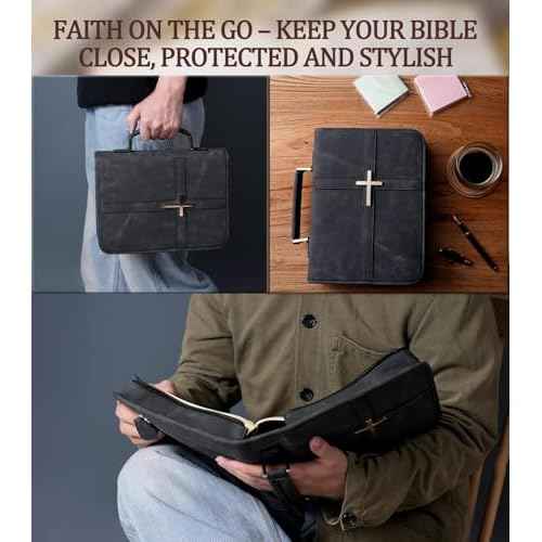 Vegan Leather Bible Cover Case, Bible Bag with Phone Pocket, Bible Case for Men Women, Christian Gift Box Packaging (Black, Large)