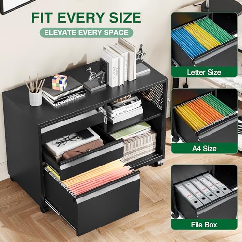 LISSIMO 3-Drawer File Cabinet with Lock, Mobile Lateral Filing Cabinet 34.5W x 24.4H x 15.8D (Black)