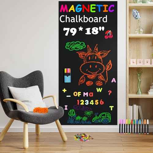 Magnetic Chalkboard Contact Paper for Wall 79" x 18", Self-Adhesive Blackboard Wallpaper Peel and Stick Chalk Board Wall with 79 Magnetic Letters for Kids and 12 Colors Chalk for Kids Home Playroom